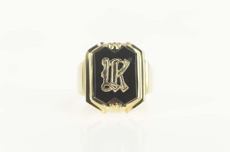 10K Yellow Gold Retro Black Onyx K Monogram Squared Signet Ring
