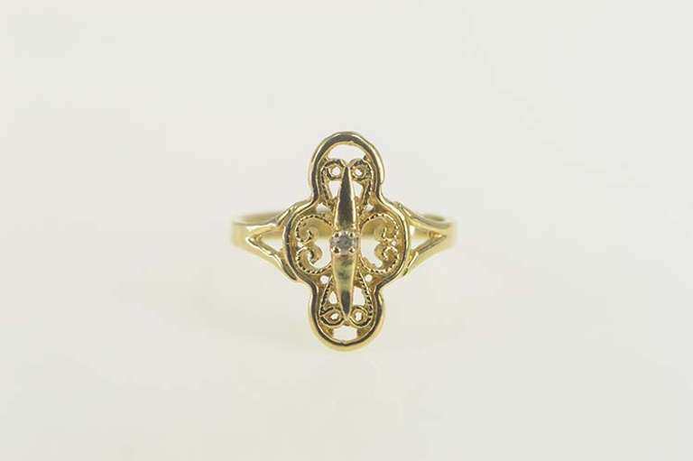 14K Yellow Gold Diamond Ornate Scroll Filigree Statement Ring