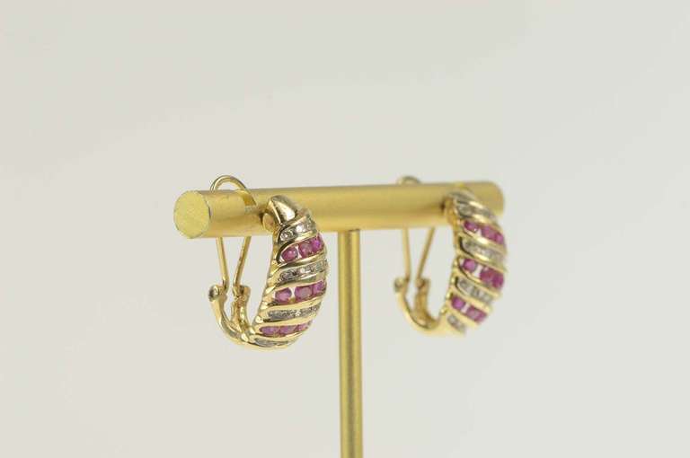 14K Yellow Gold 2.02 Ctw Ruby Diamond Domed French Clip Earrings