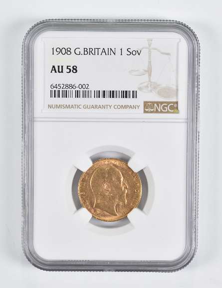 AU58 1908 Great Britain 1 Sovereign Gold Coin NGC
