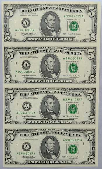 Sheet of 4 Uncut 1999 $5 Boston Fed Reserve Notes
