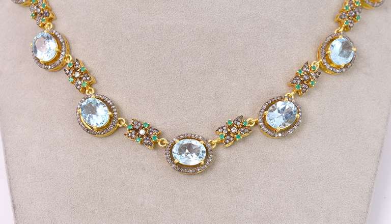 Ravishing 60.00CTW Blue Topaz, 12.00CTW Diamond & 0.75CTW Green Agate Jewelry Set in 18KT Gold Plated Sterling Silver Necklace & Earrings