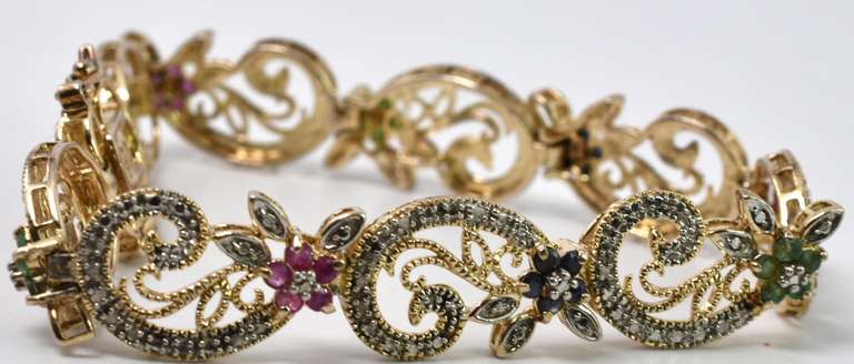 Ornate Vermeil Bracelet With Sapphire Ruby and Emerald Flowers