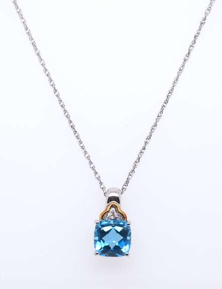 Sterling Silver and Gold Blue Topaz Pendant on Chain