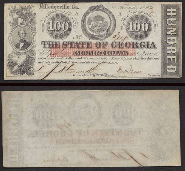 $100 1863 Milledgeville The State of Georgia Obsolete.  Great condition.