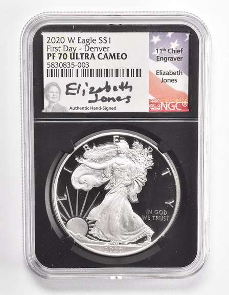PF70 UCAM 2020-W American Silver Eagle First Day Denver Signed NGC