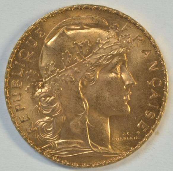 Superb Gem BU 1910 France 20 Francs Gold 'Rooster' coin