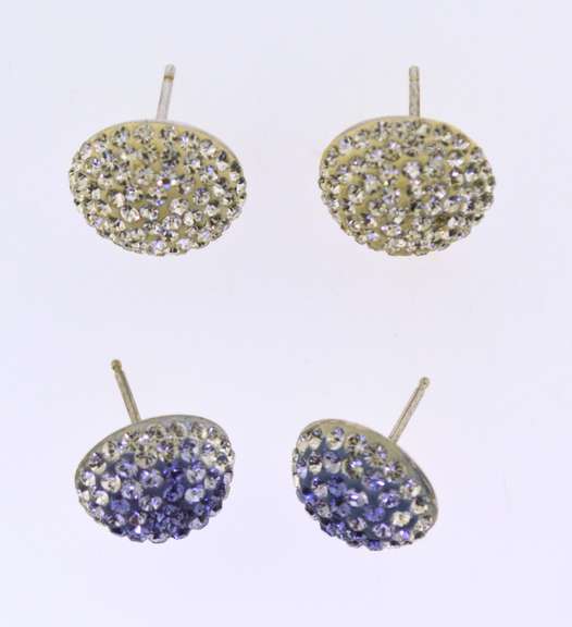 Sterling Silver Two Pair Of Crystal Round Earrings Studs