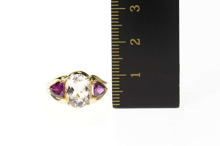10K Yellow Gold Three Stone Oval Cubic Zirconia Pink Tourmaline Ring