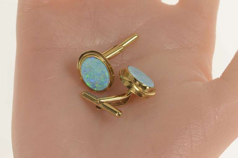 14K Yellow Gold Oval Natural Black Opal Inset Wavy Trim Cuff Links