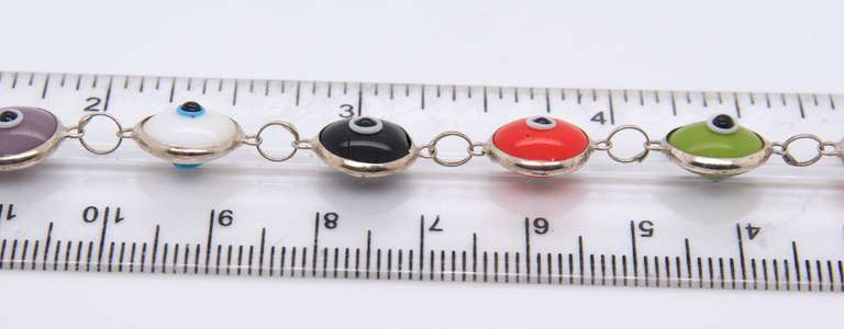Sterling Silver Signed Multi Gemstone Evill Eye Link Bracelet