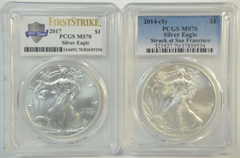 PCGS MS70 graded 2014-(S) & 2017 $1 Silver Eagle coins