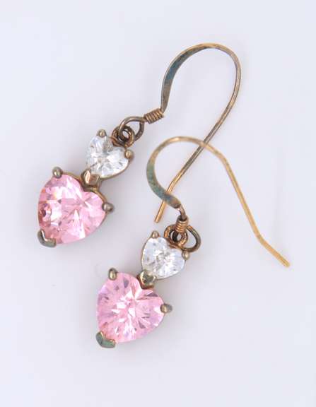 Vintage Sterling Silver Clear and Pink Cubic Zirconia Heart Shaped Dangle Earrings