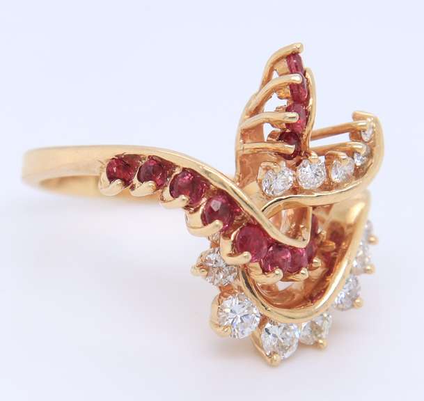 Powerful Yellow Gold Round Cut Ruby and Diamond Ring