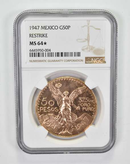 MS64* 1947 Mexico 50 Pesos Gold - Restrike - Graded NGC