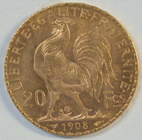 Superb Gem BU 1908 France 20 Francs Gold 'Rooster' coin