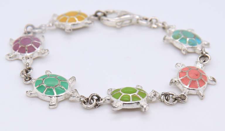 Sterling Silver Multi Color Turtle Link Bracelet