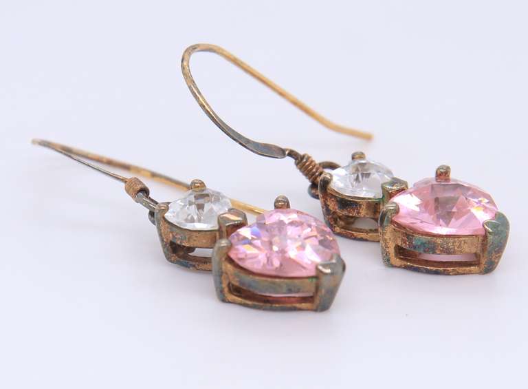 Vintage Sterling Silver Clear and Pink Cubic Zirconia Heart Shaped Dangle Earrings