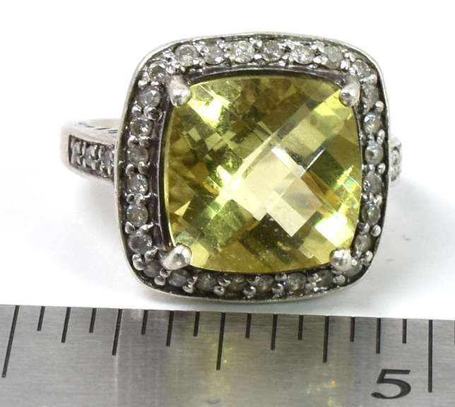Sterling Silver Yellow Quartz Ring With Diamond Accents