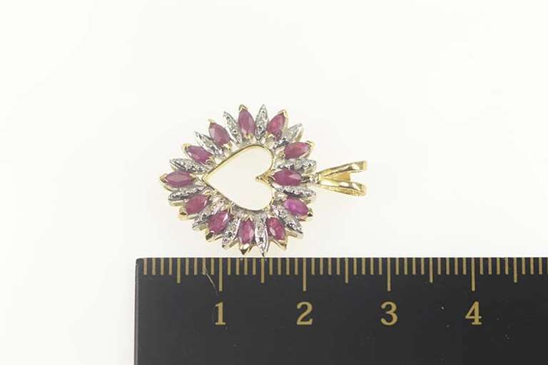 14K Yellow Gold Marquise Ruby Diamond Heart Love Symbol Pendant