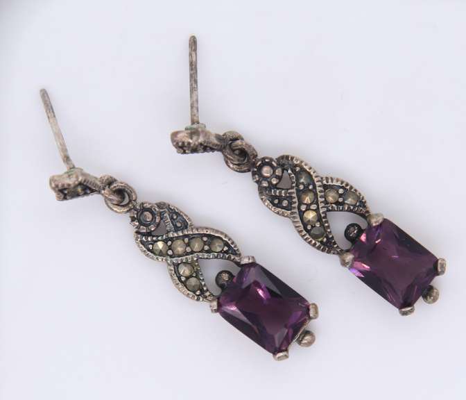 Vintage Sterling Silver Marcasite and Amethyst Earrings