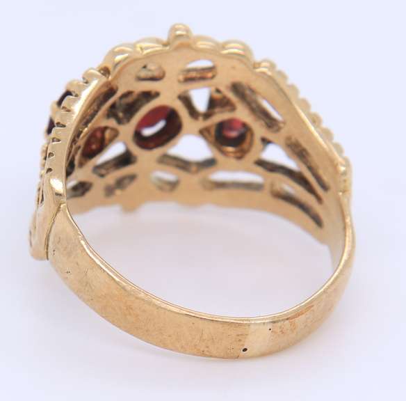 Handsome Yellow Gold 3 Stone Ruby Cocktail Ring
