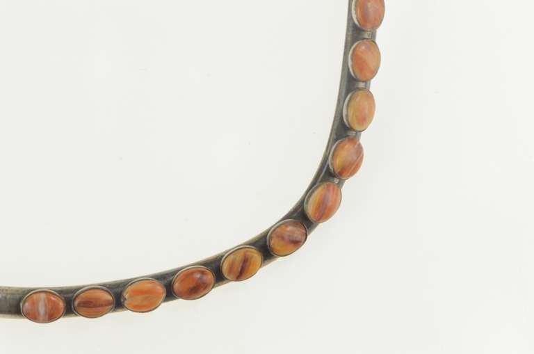 Sterling Silver Oval Agate Cabochon Inlay Statement Collar Necklace