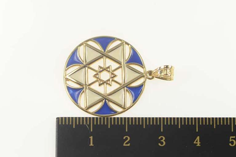 14K Yellow Gold White & Blue Enamel Star of David Jewish Pendant