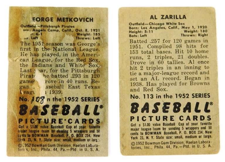 2 Bowman 1952 Baseball Cards