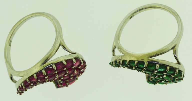 Sterling Silver Pink Sapphires And Tsavorite Matching Wave Rings