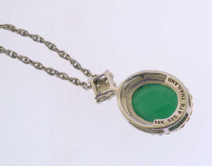Italian Sterling Silver Emerald Color Stone Pendant With Chain