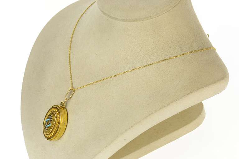 14K Yellow Gold Victorian Diamond Turquoise Ornate Locket Pendant