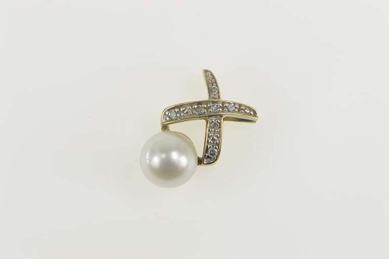 10K Yellow Gold Diamond Pearl X Criss Cross Statement Pendant