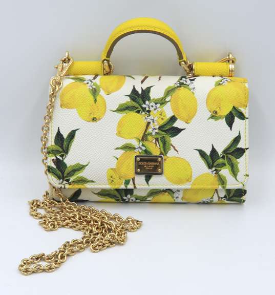 Dolce & Gabbana White and Yellow Lemon Print Dauphine Mini Siily Chain Wallet