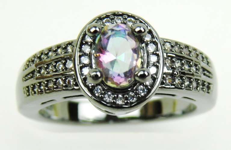 Dramatic Mystic Topaz & Diamonds  Oxidized Sterling Ring, 8