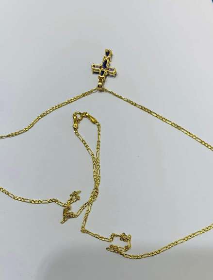14kt Solid Yellow Gold & Blue Sapphire Cross Pendant Necklace