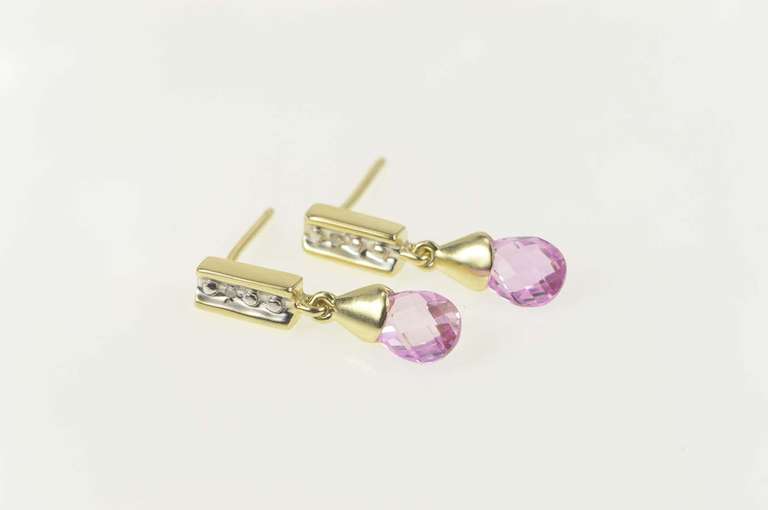 10K Yellow Gold Faceted Pink CZ Drop Diamond Accent Dangle Earrings