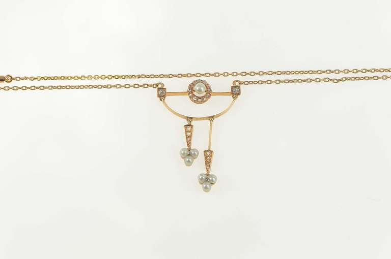 14K Yellow Gold Victorian Diamond Pearl Drop Statement Necklace