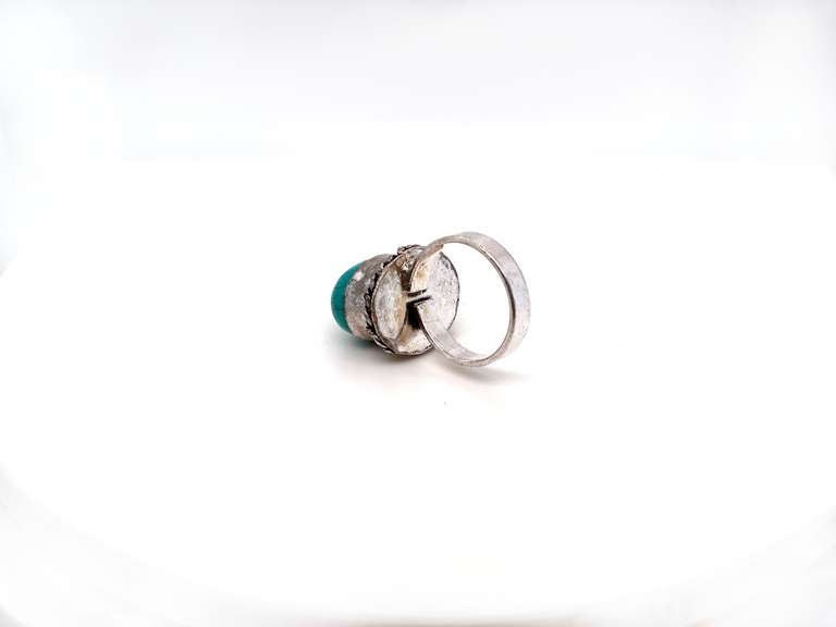 Oval Tibetan Turquoise in Ornate Silver Energy Ring