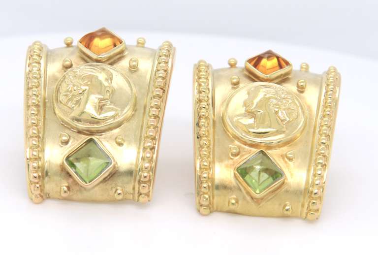 Optimal Yellow Gold Byzantine Citrine and Peridot Huggie Earrings w Cert