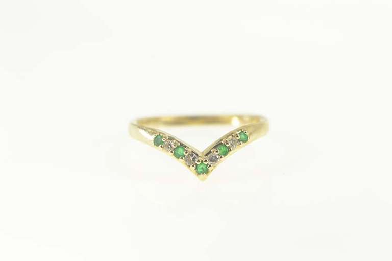 14K Yellow Gold Emerald Diamond Chevron Wedding Band Ring