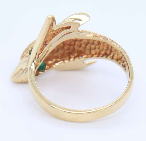 Gorgeous Yellow Gold Dolphin Bypass Ring w Emerald Eye