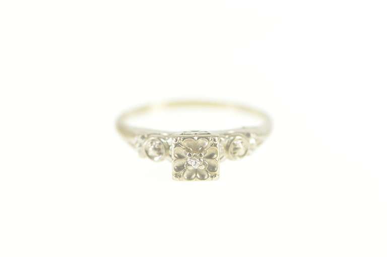 14K White Gold Retro Diamond Inset Squared Classic Promise Ring