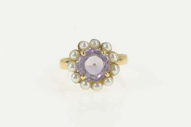 14K Yellow Gold Retro Amethyst Seed Pearl Halo Cocktail Ring