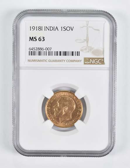 MS63 1918-I India 1 Sovereign Gold Coin NGC