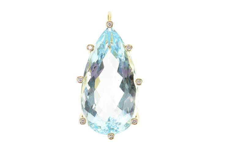 14K Yellow Gold 76.00 Ctw Pear Blue Topaz Diamond Pendant
