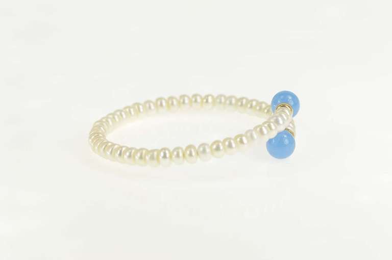 14K Yellow Gold Blue Chalcedony Pearl Bypass Statement Bracelet