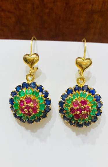 14kt Solid Yellow Gold, Emerald, Ruby, & Blue Sapphire Earrings
