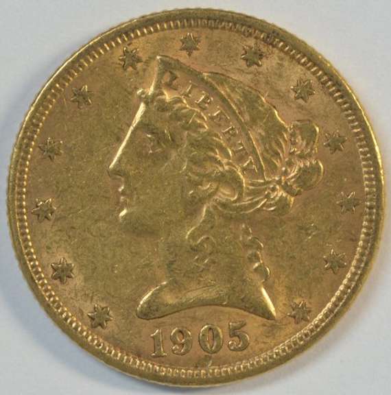 Very scarce near mint 1905-S US $5 Liberty Gold Piece