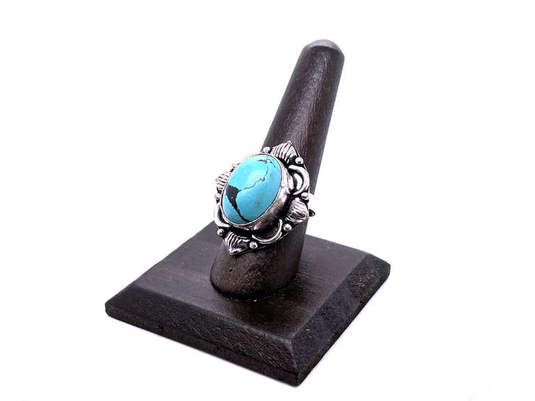 Oval Tibetan Turquoise in Ornate Silver Energy Ring